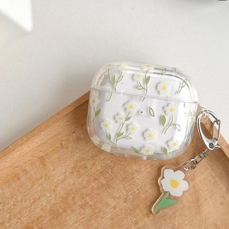 Floral Pattern Earphone Case with Keychain, Anti-fall Decorative Earphone Protector Cover Compatible with Airpods, 1 Count TPU Clear Earphone Protective Case with Keychain for Airpods 1 2 3 Pro