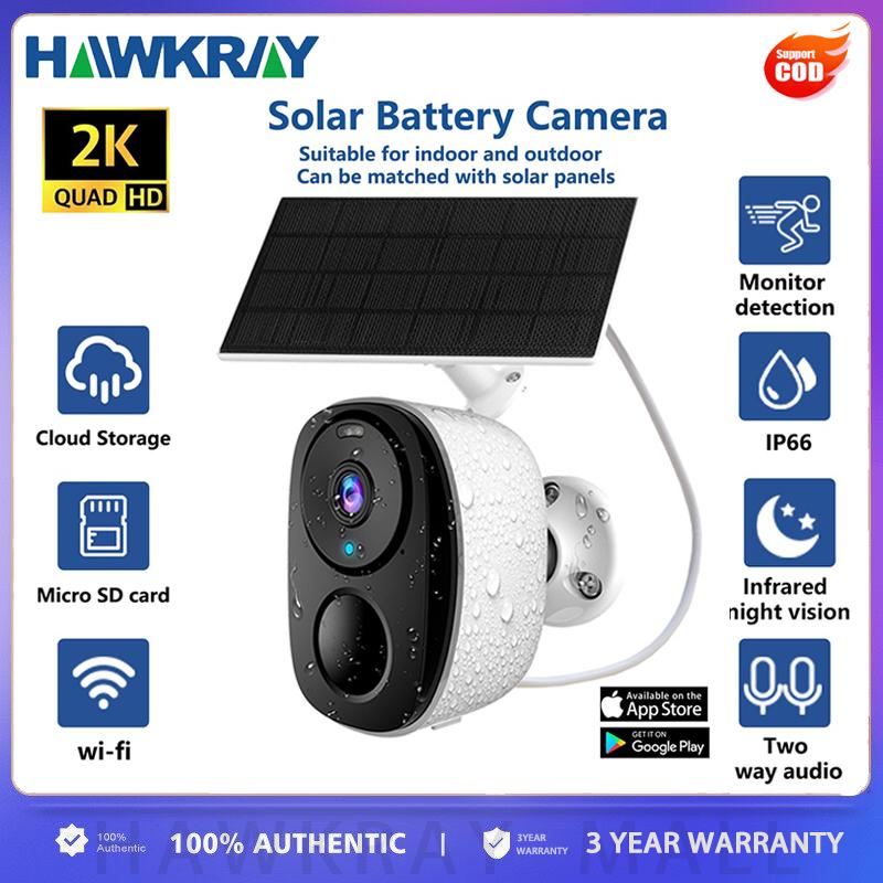 Hawkray Solar CCTV Camera wireless IP Indoor Outdoor Wifi HD 2K Resolution Home Security Surveillance Video Night Version Cam 3MP Two Way Audio White IR Dual Light Support Monitor