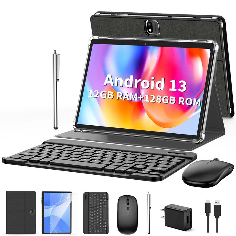 Relndoo Android 13 Tablet with 12(6+6)GB RAM+128GB ROM, and 1TB Expandable, 8 in 1 Tablet with Keyboard, Case, Mouse, Stylus, 10.1 inches, 6000mAh Battery, 2.4G 5G WiFi