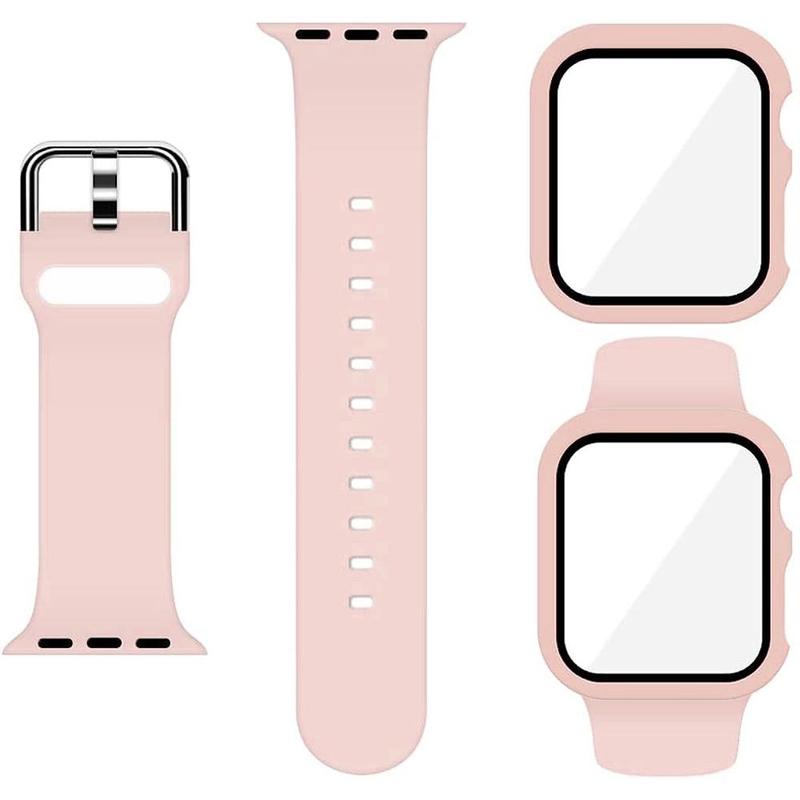 Soft Silicone Watch Band & Screen Protector Case, 2 Counts set Comfortable Adjustable Watch Band & Screen Protector Compatible With Apple Watch Band 38 40 41 42 44 45 49mm