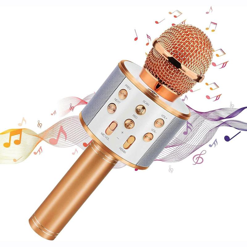 Wireless BT Karaoke Microphone, 5-in-1 Portable Handheld Karaoke Mic Speaker Player Recorder with Adjustable Remix, Portable Microphone for Boys & Girls