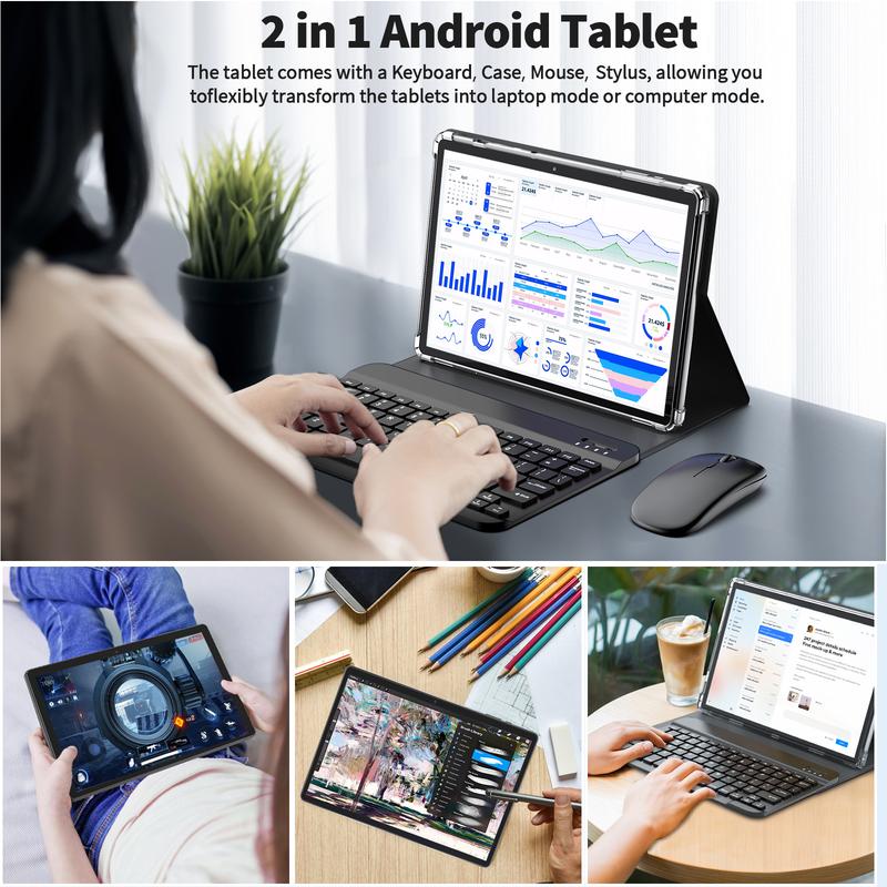 Relndoo Android 13 Tablet with 12(6+6)GB RAM+128GB ROM, and 1TB Expandable, 8 in 1 Tablet with Keyboard, Case, Mouse, Stylus, 10.1 inches, 6000mAh Battery, 2.4G 5G WiFi