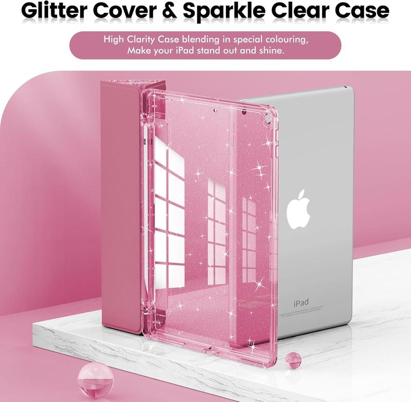 for iPad 9th Generation 2021  iPad 8th Generation 2020  iPad 7th Generation 2019 Case 10.2 inch, Glitter Cover with Clear , Pencil Holder for  Girls, Pink