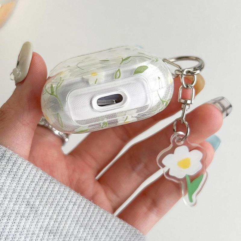 Floral Pattern Earphone Case with Keychain, Anti-fall Decorative Earphone Protector Cover Compatible with Airpods, 1 Count TPU Clear Earphone Protective Case with Keychain for Airpods 1 2 3 Pro