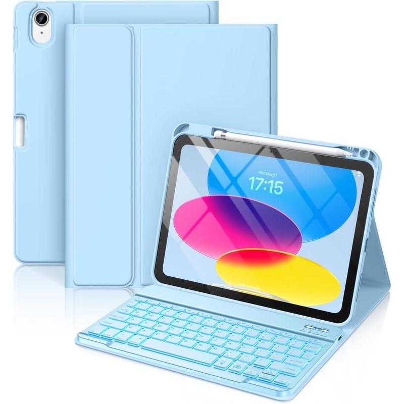 for iPad 10th Generation Case with Keyboard 10.9 Inch - 7 Colors Backlit  Detachable Folio Keyboard Cover with Pencil Holder for  iPad 10th Gen 2022 (Sky Blue)