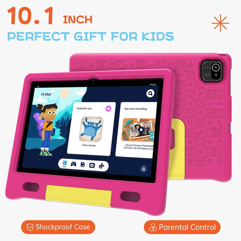 ApoloSign Kids Learning Tablet, 10.1 inch Android 13 14 Tablet for Children, Shockproof Case, 512GB Expand, 8-hr Battery, WiFi Android Tablet for Kids with Parental Control, BT5.0, Pre-Installed Educational Apps, Ideal Tablet for Boys and Girls