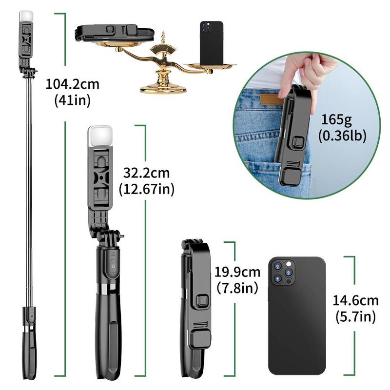 Tripod Selfie Stick with Fill Light, Retractable Selfie Stick, 360 Degree Rotatable Bluetooth-compatible Phone Tripod for Live Streaming, Vlogging