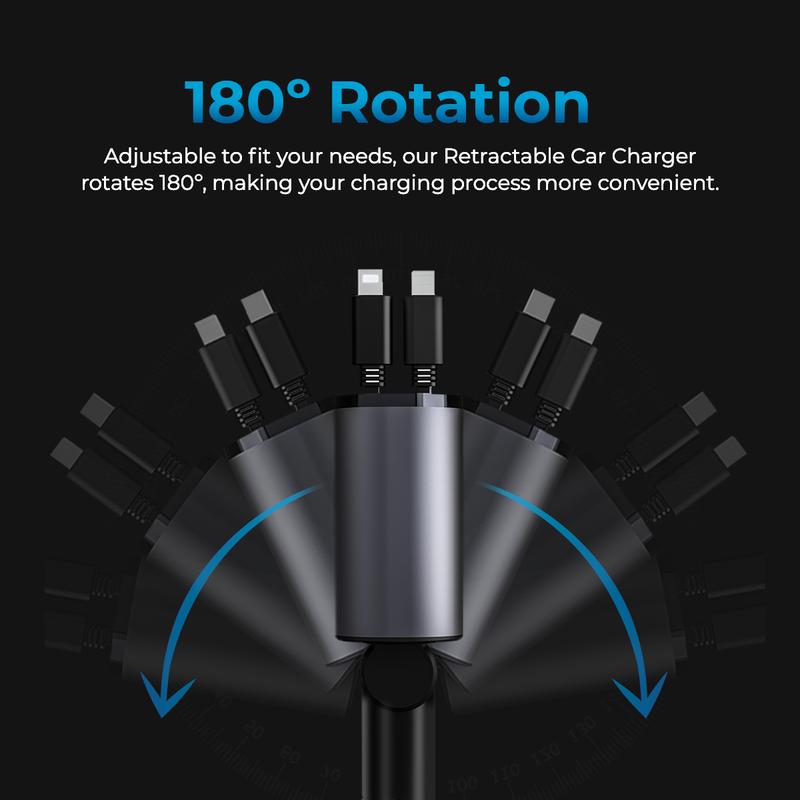 4 in 1 Retractable Car Charger - 12V Plug to 4 Charging Cables - iPhone, USB-C and USB-A, USB-C ports