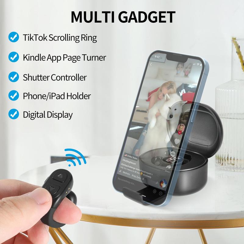 Multifunctional Wireless Remote Control Selfie Ring, Bluetooth-compatible Smart Scrolling Ring, Kindle APP Remote Page Turner with Cell Phone Stands