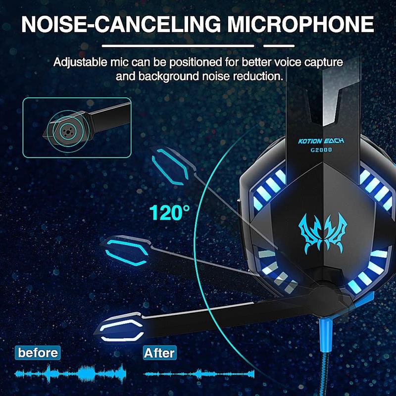 G2000 Gaming Headset with Bass Surround Noise Cancelling Mic for PS5 PS4 Xbox One Controller, Over Ear Headphones for PC Games Audio Electronic Earbud