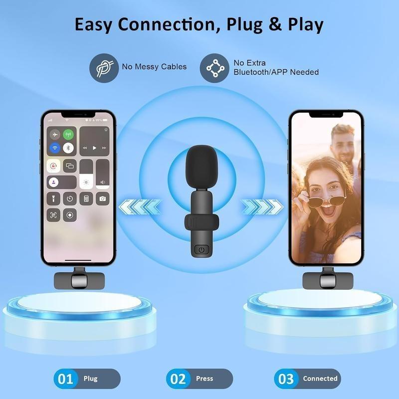 2PCS Professional Wireless Lavalier Lapel Microphone for iPhone,iPad, Cordless Clip Omnidirectional Audio Receiver Mic for Lightning Device Christmas