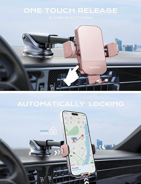 CHGeek Wireless Car Charger, Gift for Christmas, 15W Fast Charging, Adjustable Angle Cellphone Car Charger Phone Mount  and Holder fits for iPhone 16 15 14 13, Samsung Galaxy S24 S23, etc Smartphones Mobile Electronic, Pink Adapter