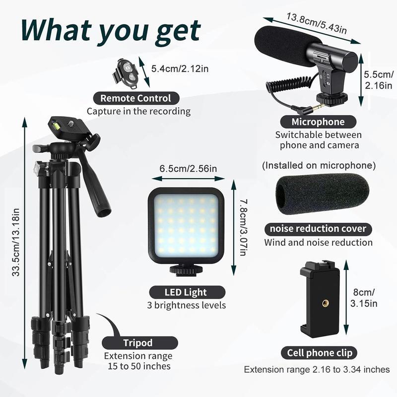 Vlog shooting kit for Android phones, 1 set of Cellphone and camera Vlogging kit, including LED fill light, adjustable selfie stick tripod and microphone, smartphone accessories, travel selfie tools in 2025, start your TK video live broadcast life