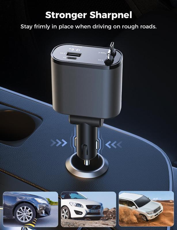 4 in 1 Retractable Car Charger, USB C Fast Charging Adapter[Max100W] with Lightning Cable&Dual Charge Port Compatible with iPhone 15 14 13 Pro Max Plus iPad AirPods,Samsung Galaxy S23 S22 S10,Google Smartphone Electronic Cellphone Mobile