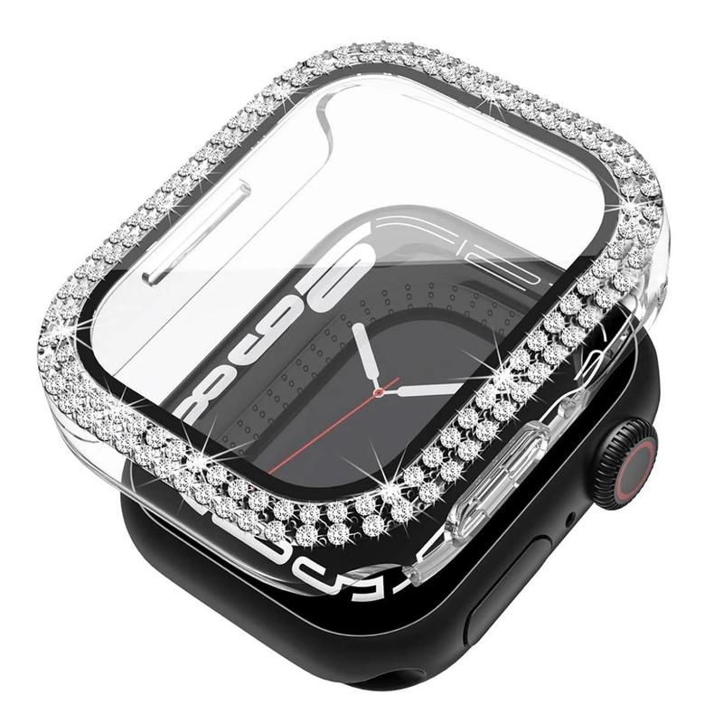 Rhinestone Decor Watch Case, 2 In 1 Ultra-thin Tempered Glass Screen Protector Watch Case, Compatible With Apple Watch Case 38 40 41 42 44 45mm, iWatch Series SE 9 8 7 6 5 4 3 2 1, Intelligent Watch Case Accessories