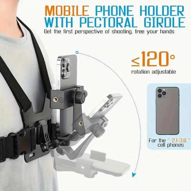 Adjustable Chest Strap Belt for Most Sports Cameras - Mobile Phone Chest Mount Harness for Hands-Free Photography - Stand