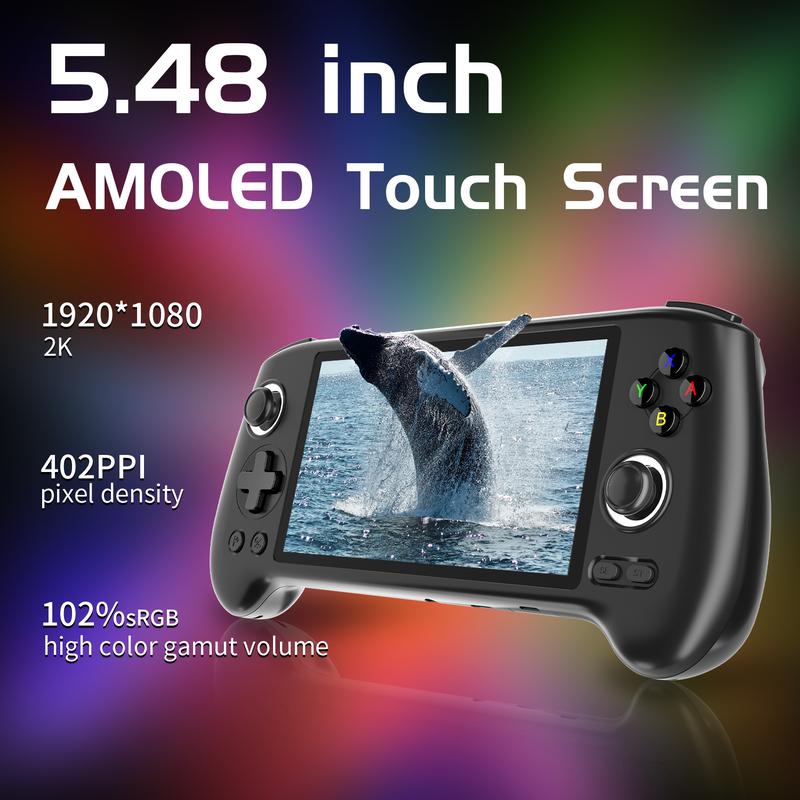 ANBERNIC RG556 Retro Handheld Game Console 5.48 inch AMOLED Screen Video Game Player Android 13 With 5500mAh Battery Support Bluetooth & WiFi Built-in Hall joystick Six-axis Gyroscope Sensor USB Type-C Supports 1080p Display Port Output Card Protection