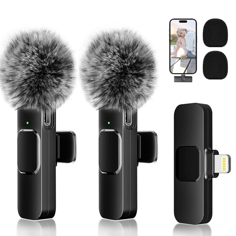 2 Pack Wireless Lavalier Microphone for iPhone iPad, Lapel Mics Plug-Play 2.4G Ultra-Low Delay Built-in Noise Reduction Chip 8H Working Time for Video Recording Interview Podcast Vlog Audio Smartphone