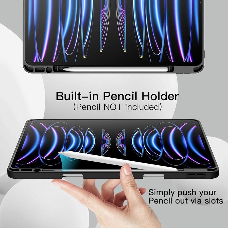 Case for iPad Pro 12.9-Inch (6th 5th Generation, 2022 2021 Model) with Pencil Holder, Support 2nd Pencil , Slim Tablet Cover with Soft TPU , Auto Wake Sleep (Black)