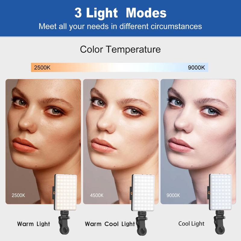 Selfie Light, Phone Light with Front & Back Clip, 60 LED Portable Light with 3 Light Modes, 3000mAh Rechargeable Video Light for Phone, iPhone, IPad, Laptop, Makeup, Live Stream, Vlog