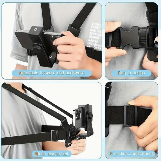 Adjustable Chest Strap Belt for Most Sports Cameras - Mobile Phone Chest Mount Harness for Hands-Free Photography - Stand