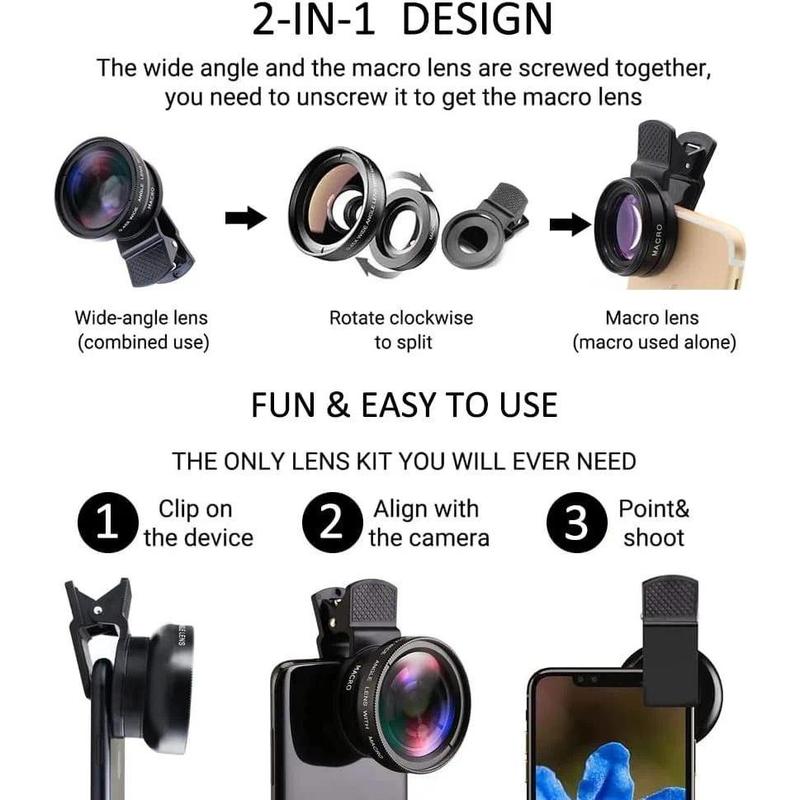 2 in 1 Lens Universal Clip 37mm Mobile Phone Lens Super Wide-Angle + Macro Hd Lens for iPhone Android