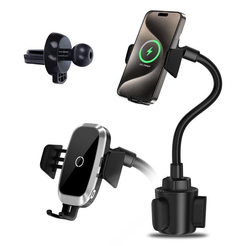 Adjustable Cup Holder Phone Mount for Car - Wireless Charger for iPhone 15 14 13 12 11 Pro & Samsung Galaxy S23 S22 S21 S20