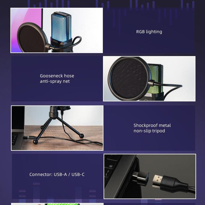 YANMAI Professional RGB Gaming Microphone, USB Wired Microphone Gaming with Tripod Microphone Stand & Mic Cover & Microphone Condenser, Portable Microphone for Music Recording, Live Streaming, Podcast Broadcast