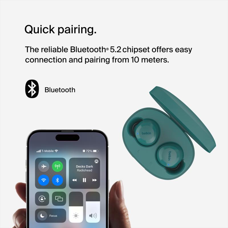 Belkin SoundForm Bolt True Wireless Earbuds, Comfortable Ear buds, High Fidelity Sound, 28 Hours, Switch Devices w  Bluetooth 5.2, IPX4 sweat & water resistant, Mono Mode to extend battery and stay alert, Charging Case Incl, Black, White, Lavender & Teal.