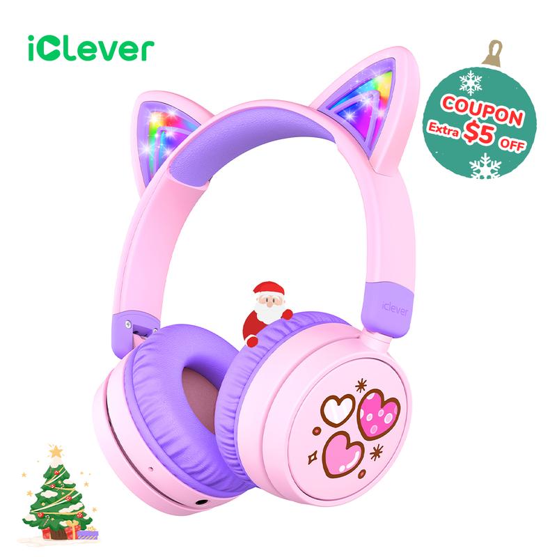 iClever BTH21 Cat Ear Light Up Bluetooth Headphones, Safe Volume 74 85dBA, 60H Playtime , Bluetooth 5.3, Wireless Headphones for Gift School Travel i clever