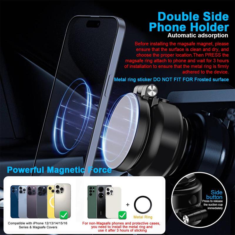 Foldable & 360° Rotatable Magnetic Car Phone Mount, Dual Stable Base Magnetic Car Suction Cup Adhesive Phone Holder for Most Cell Phones, Car Magnetic Phone Holder