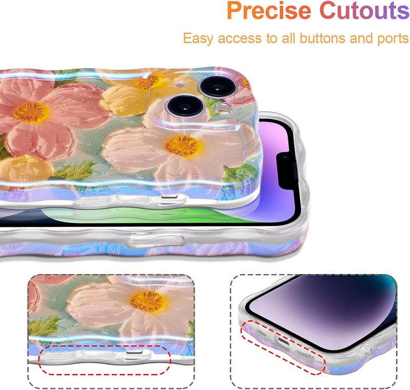 Case for iPhone Oil Painting Printed Flower Colorful Retro Smooth TPU Cute Protective Phone Cover for Girls for Iphone Series 11 12 13 14 15 Pro Max 15 Plus Not 3D