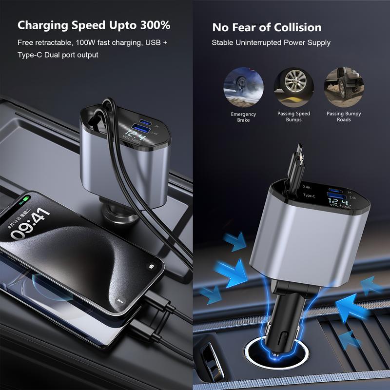 4 in 1 Retractable Car Charger, 100W Dual Ports Fast Charger,  Lighter Car Retractable Charger  for iPhone 15 14 13 12 11, iPad, Galaxy