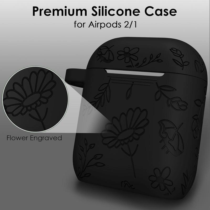 Airpods Case,  Flower Engraved Protective Case Cover  Airpod 2 1  Cover with Keychain for Women Girls (Black)