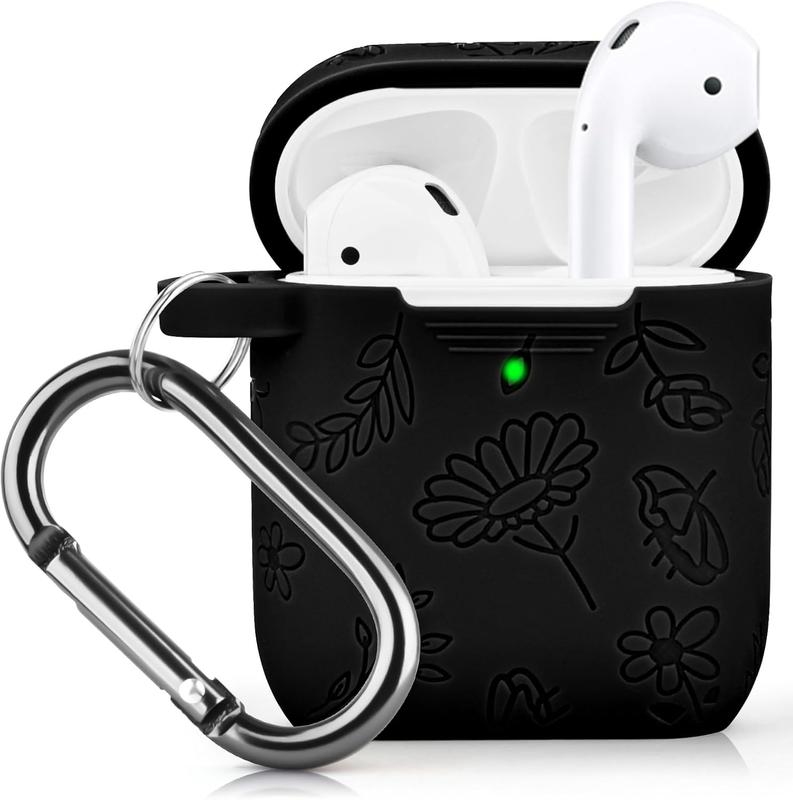 Airpods Case,  Flower Engraved Protective Case Cover  Airpod 2 1  Cover with Keychain for Women Girls (Black)