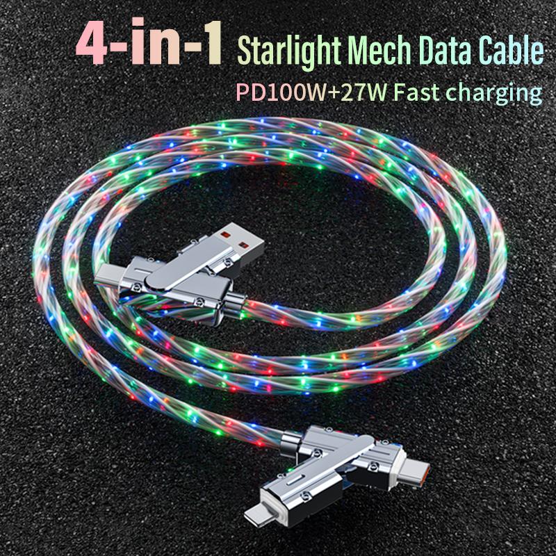 4in1 LED light fast Charging data Cable, Multifunctiona PD 100W+27W Data Sync USB+TYPEC+Lightning for iPhone,Samsung , Android, iPad Pro,Table PC USB-C Fast Multifunctional USB-C