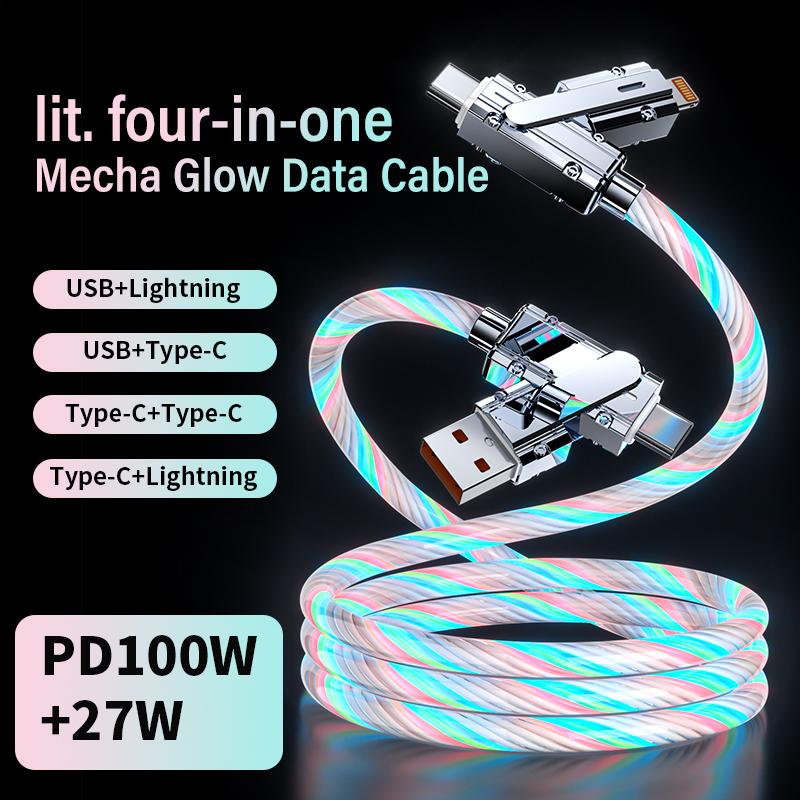 4in1 LED light fast Charging data Cable, Multifunctiona PD 100W+27W Data Sync USB+TYPEC+Lightning for iPhone,Samsung , Android, iPad Pro,Table PC USB-C Fast Multifunctional USB-C