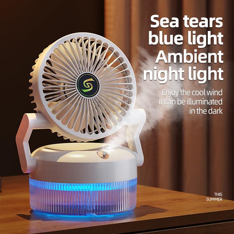 Portable Foldable Air Conditioning Fan for Summer, 3 Speed Fan with Spray Mode, USB Rechargeable Fan with LED Night Light, Small Air Cooler for Outdoor Home Office Desktop