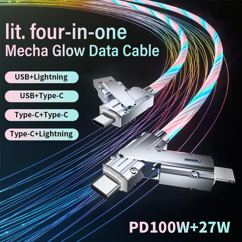 4in1 LED light fast Charging data Cable, Multifunctiona PD 100W+27W Data Sync USB+TYPEC+Lightning for iPhone,Samsung , Android, iPad Pro,Table PC USB-C Fast Multifunctional USB-C