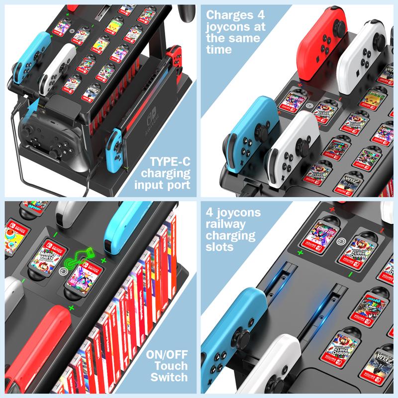 Switch Games Organizer Station with Controller Charger, Charging Dock for Switch & OLED Joycons, Switch Mounts, Brackets & Stands for Games, TV Dock, Pro Controller, Accessories Kit Storage