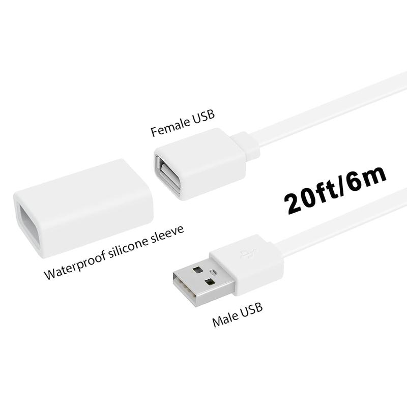 2PACK USB Extension  Compatible with WYZE Cam V3 V4 V2,Wyze Cam OG, WYZE Cam Pan V3 V3 Pro  V2, 20Ft 6M IPX7  Extension   Power Your WYZE Cam Continuously - White