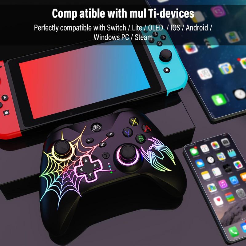 Spider Pattern Wireless Gaming Controller, 9 RGB LED Lights Gamepad, Ergonomic Design Controllers for Multiple Devices, Console Accessories