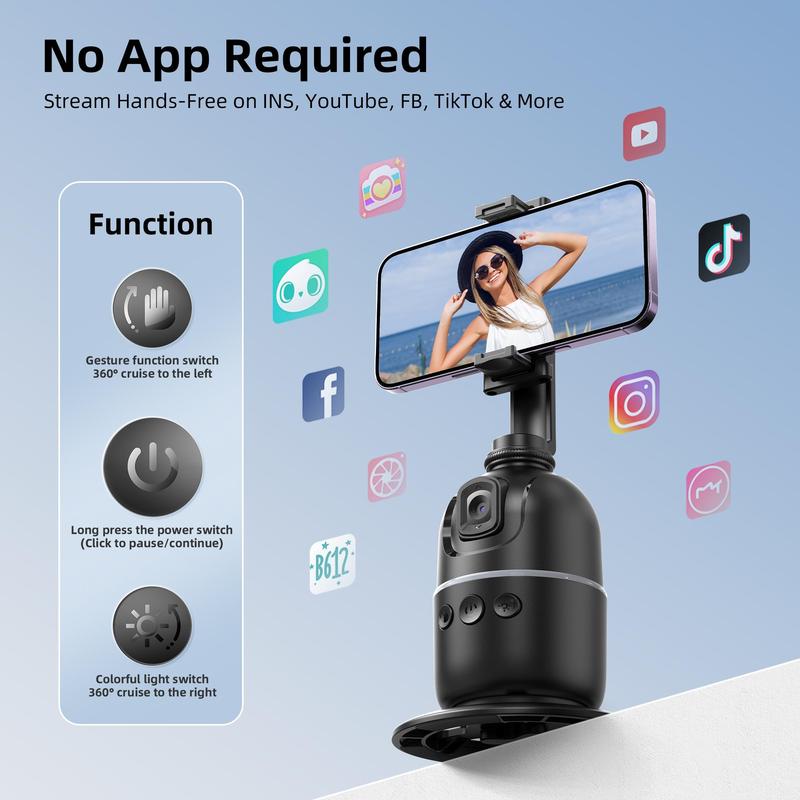 Auto Face Tracking Tripod, Rechargeable 360° Rotatable Phone Camera Stand with Gesture Control & Colorful Light Ring, Smart Shooting Phone Holder