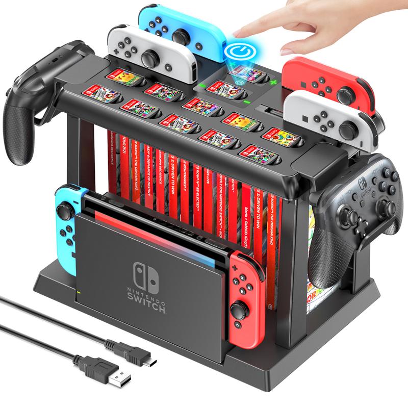 Switch Games Organizer Station with Controller Charger, Charging Dock for Switch & OLED Joycons, Switch Mounts, Brackets & Stands for Games, TV Dock, Pro Controller, Accessories Kit Storage