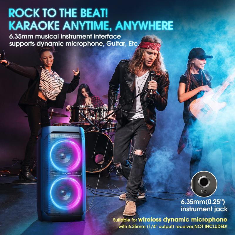 W-KING 100W Bluetooth Speakers V5.3 IPX6 Waterproof Portable Loud Wireless Speaker with Deep Bass 110dB Huge Sound DSP, Karaoke Outdoor Boombox with Lights Mic & Guitar Port Echo USB Port EQ