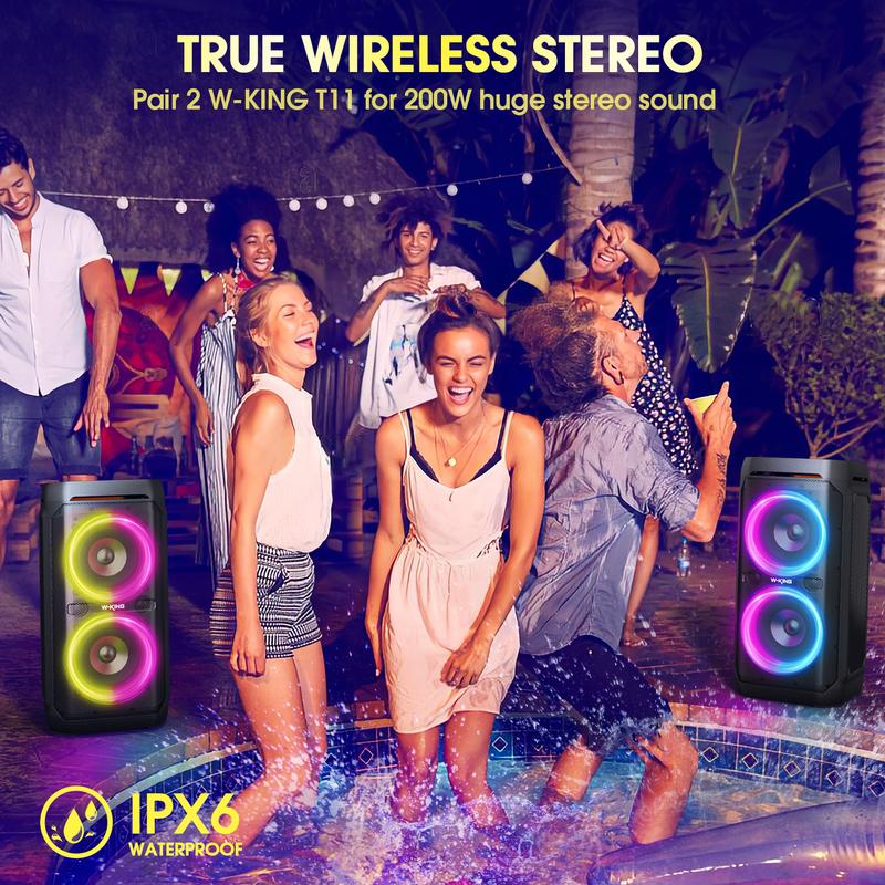 W-KING 100W Bluetooth Speakers V5.3 IPX6 Waterproof Portable Loud Wireless Speaker with Deep Bass 110dB Huge Sound DSP, Karaoke Outdoor Boombox with Lights Mic & Guitar Port Echo USB Port EQ