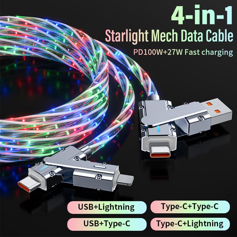 4in1 LED light fast Charging data Cable, Multifunctiona PD 100W+27W Data Sync USB+TYPEC+Lightning for iPhone,Samsung , Android, iPad Pro,Table PC USB-C Fast Multifunctional USB-C