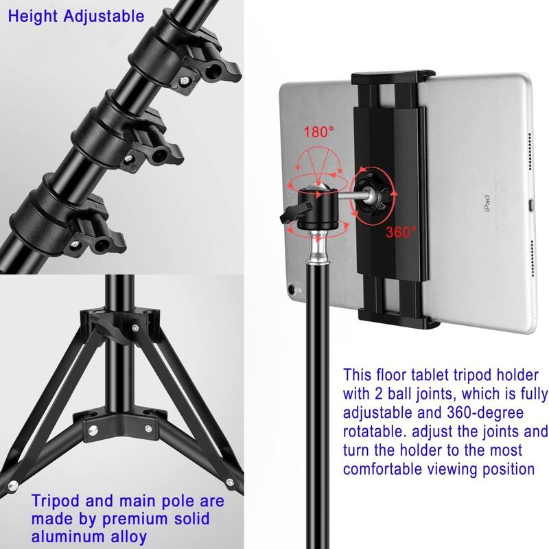 Adjustable Tablet Tripod Stand, 360° Rotatable Phone Holder Stand, Adjustable Height Tripod Mount for iPad Pro, iPhone, Kindle & All 4.7-12.9 Inch Tablets, Photography Accessories