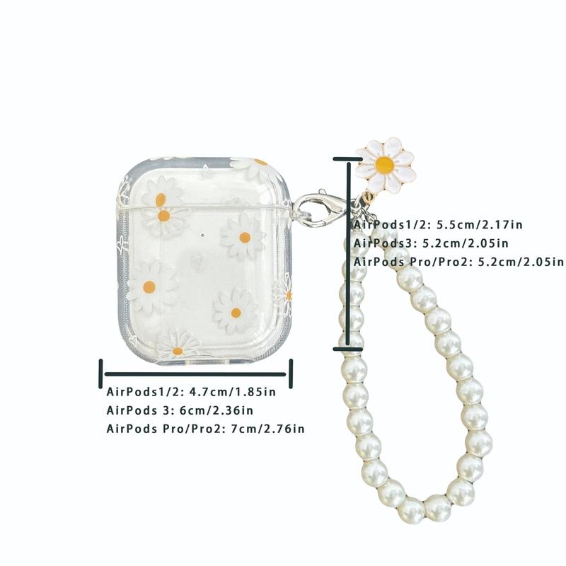 Flower Pattern Earphone Case with Faux Pearl Decor Keychain, Decorative Earphone Protector Cover, Cute Earphone Case for Airpods 1 2 3 Pro Pro 2