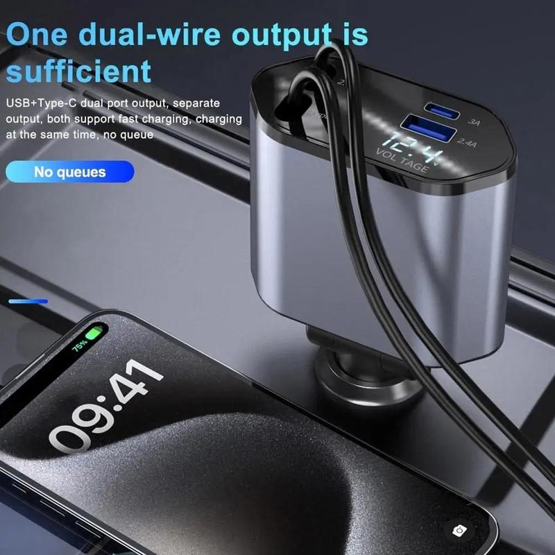 Portable Charger for Car, USB PD Retractable Car Charger for iPhone Android, Multi-functional Car Phone Charger with Digital Display, 4 In 1 Car Charger, Car Charging Station with Retractable Cable, Universal Car Charger